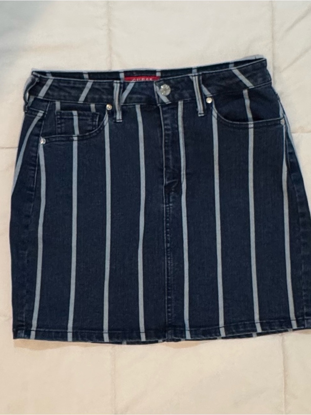 Guess Navy Blue and Light Gray Striped Denim Mini Skirt